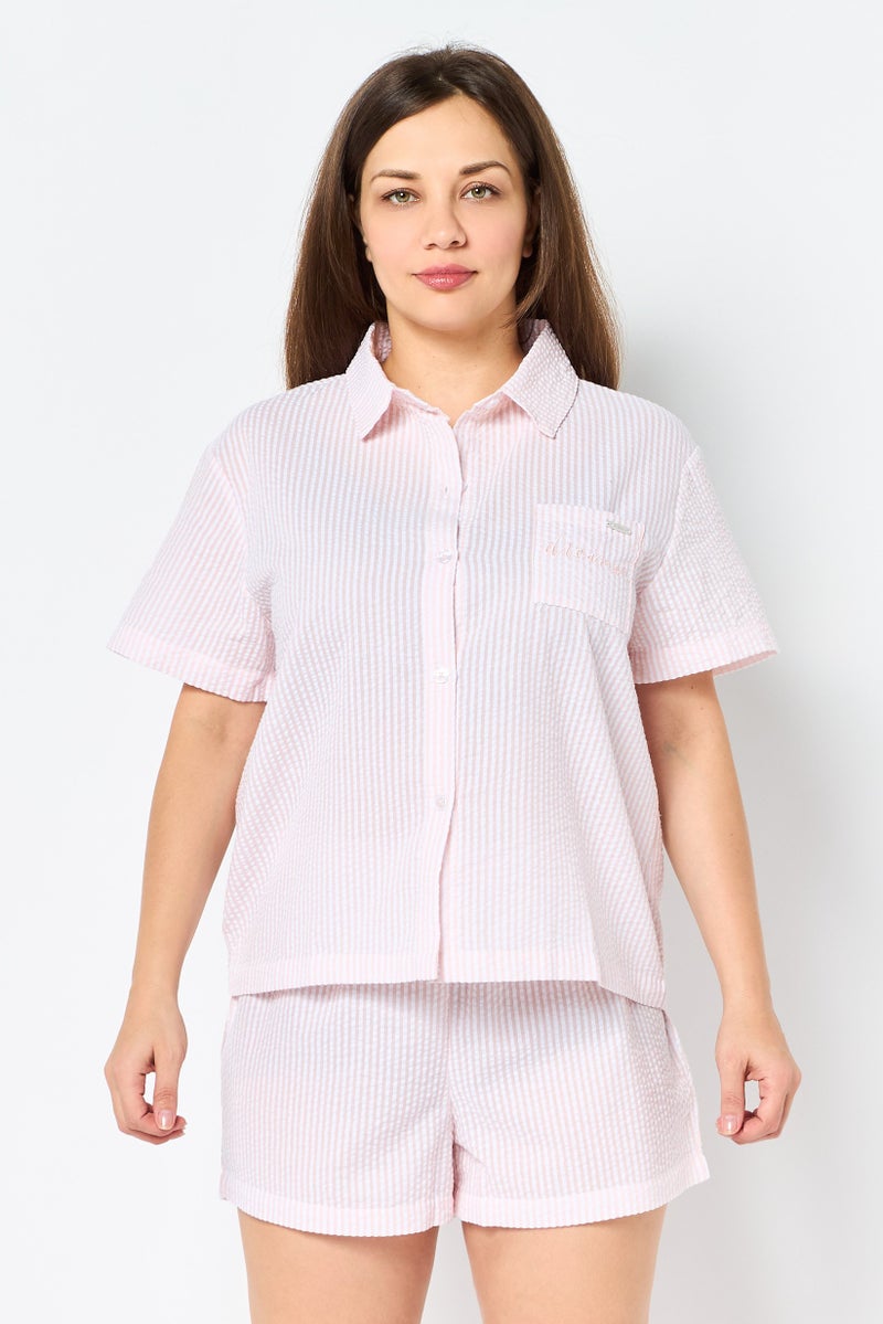Rae Dunn Women 2 Pieces Spread Collar Embroidered Short Sleeve Pajama Set, Multicolor - Image 1